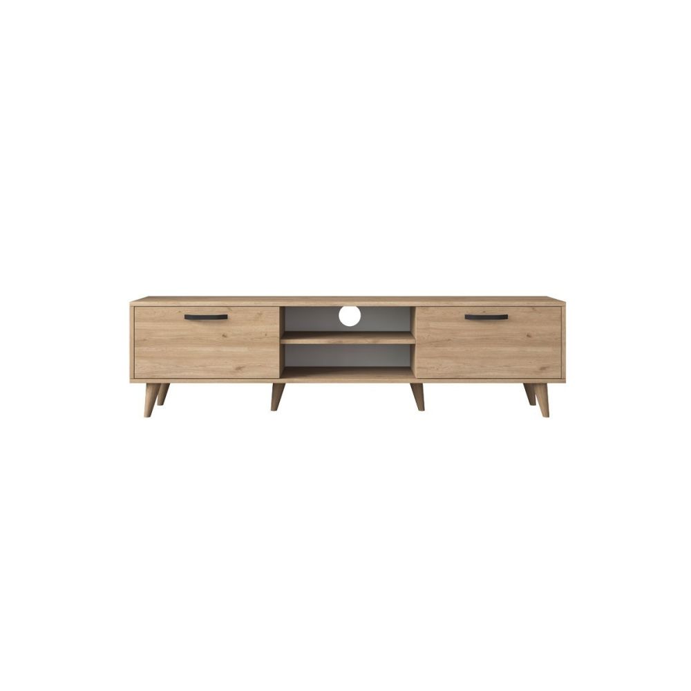 Mueble de TV en Roble con 2 Cajones y Estantes - 180x35x48.5 cm con Patas de Madera.